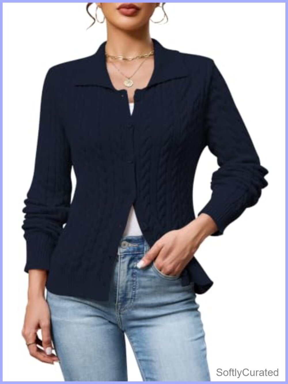 Cable Knit Cardigan Collared Button Up Lightweight Sweater